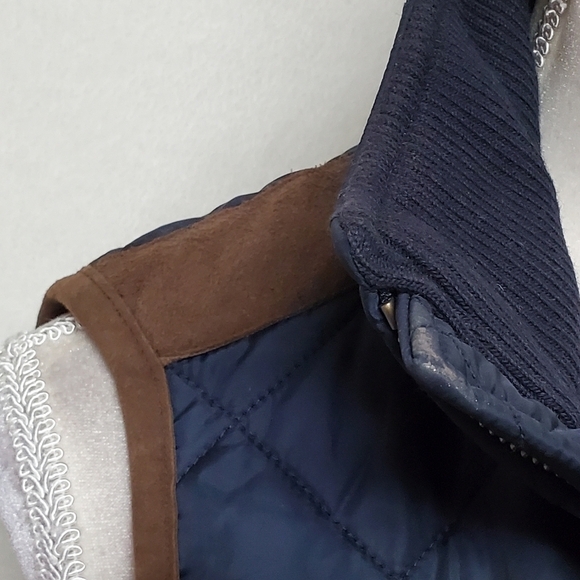 VINTAGE Polo Ralph Lauren Navy Blue Quilted Faux Suede Logo Crest Puffer Vest XS - Picture 8 of 16